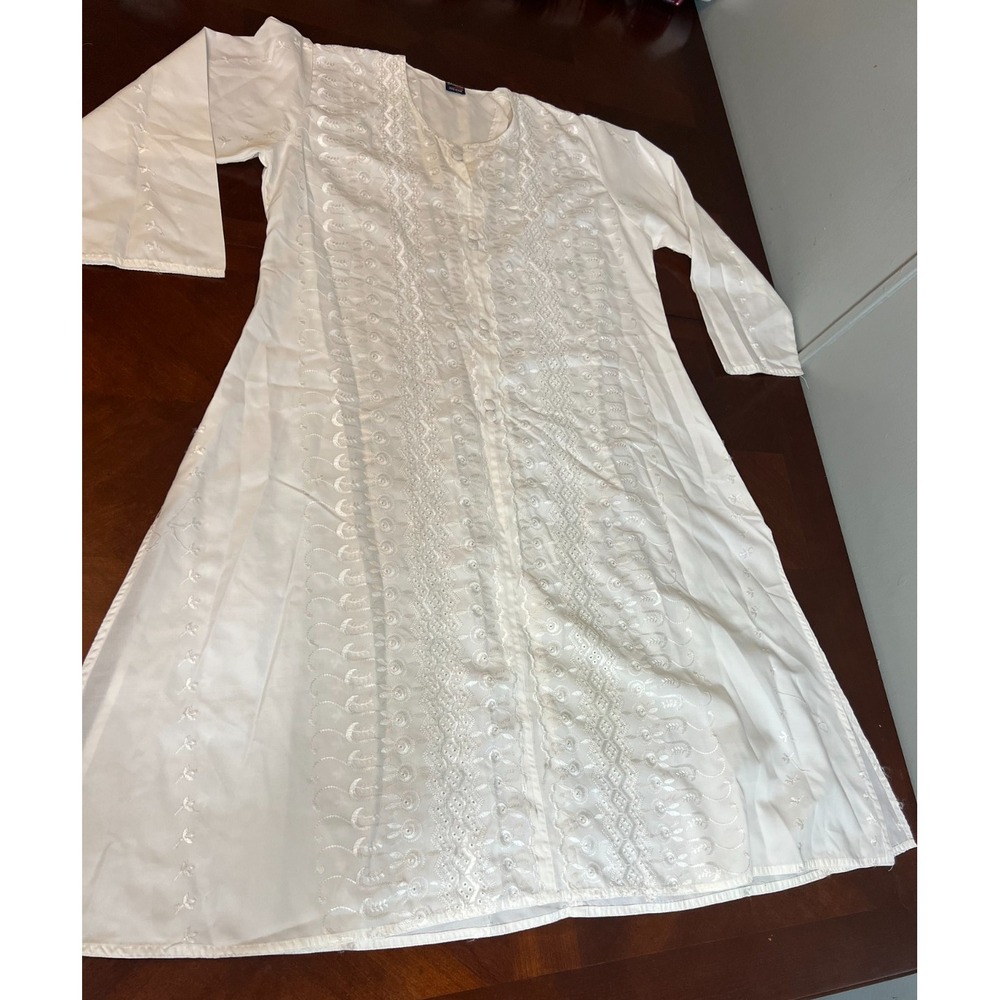 Vintage White Embroidered Tunic Kurta Dress Boho Floral Cottagecore